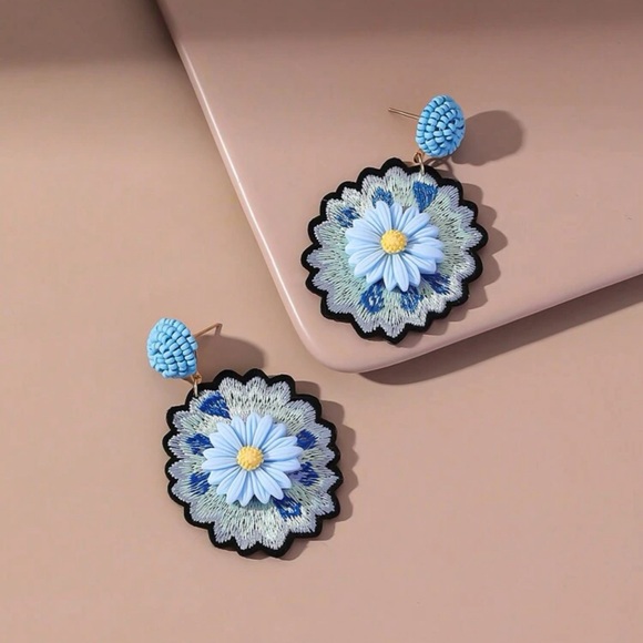 Flower Embroidered Earrings - Picture 5 of 6